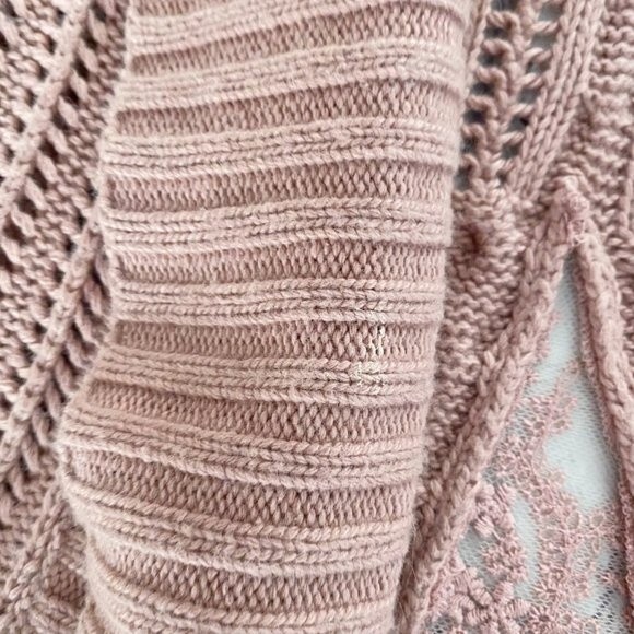 Garnet Hill Dusty Pink Knit Open Front Cardigan with Lace Panels Cashmere Blend - Picture 8 of 14
